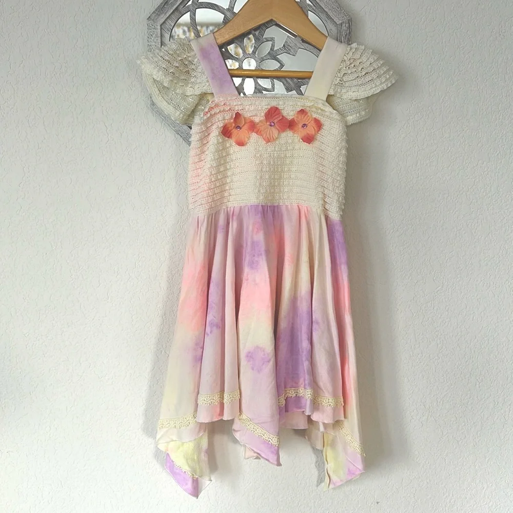 CachCach • Pastel Tie Dye Ruffle Lace Breezy Summer Dress With Handkerchief Hem